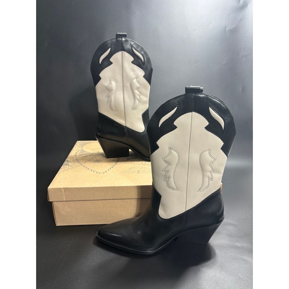 Free People  NIB Twin Flames Leather Western Cowboy Boots in Black/Ivory Size 10